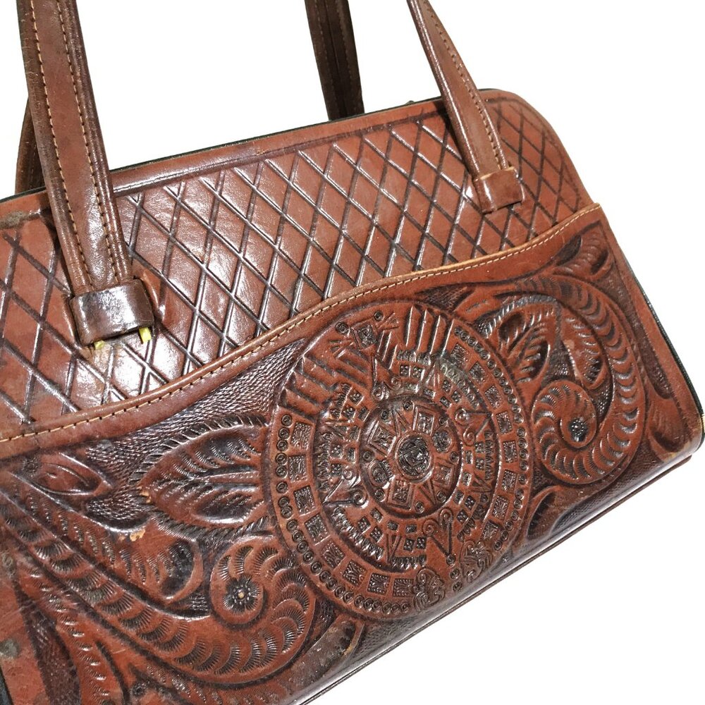 Vintage Tooled Leather Handbag Brown Floral - Picture 2 of 14